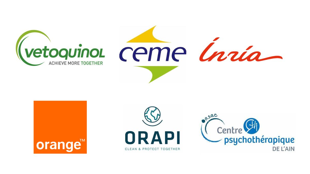 Les logos des clients BIPP pour le pilotage de leur performance grâce à la solution Talend. La liste Vetoquinol, Ceme, Inria, Minitubes, Orapi et Centre Psychothérapie de l'Ain.